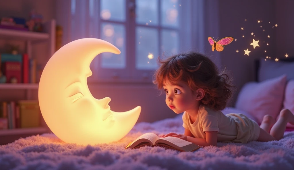 a girl BLONDE CHILD WITH LONG STRAIGHT HAIR, a pink moon lamp on a wooden stand, bright big moon, pink moon, moon light, giant pink full moon, mood light, full moon illumination, moon brightness, moon illumination, purple ambient light, lunar, moon backlight, moon, made of bright wax and ceramic,  purple color lighting, grumpy purple glow light, mood lighting