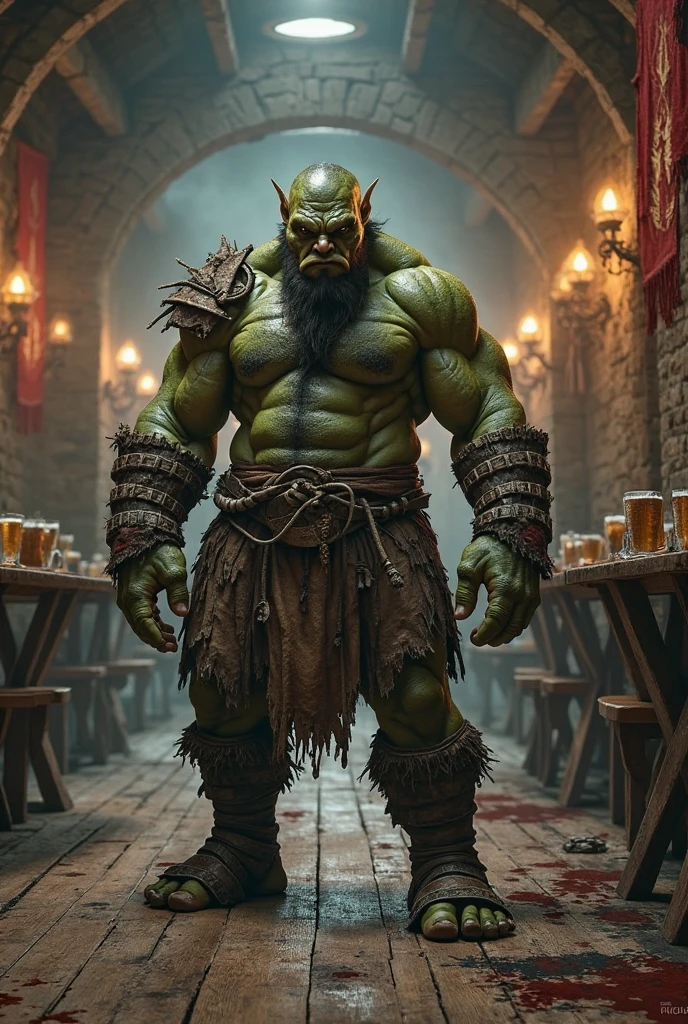 (medium full shot) of (savage orc) young,   shaman, wearing Antlered helm, fur cloak, leather leggings, bone-adorned gloves, ritual anklets, holding wielding staff with skull, set in the orcish lands, in  Fortress hall with high ceilings, stone walls adorned with war trophies, long tables filled with food, orcs feasting and celebrating victories , ,Masterpiece,best quality, photo, realistic, very aesthetic