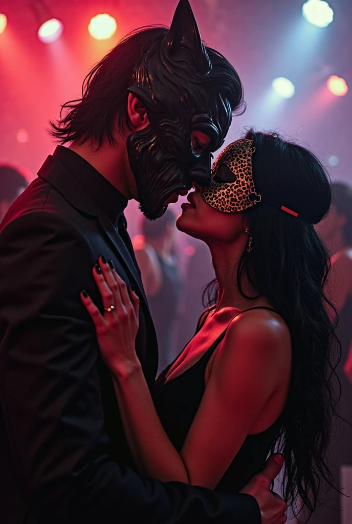 (photorealism:1.2), masked man undresses sexy curly brown hair woman in party
