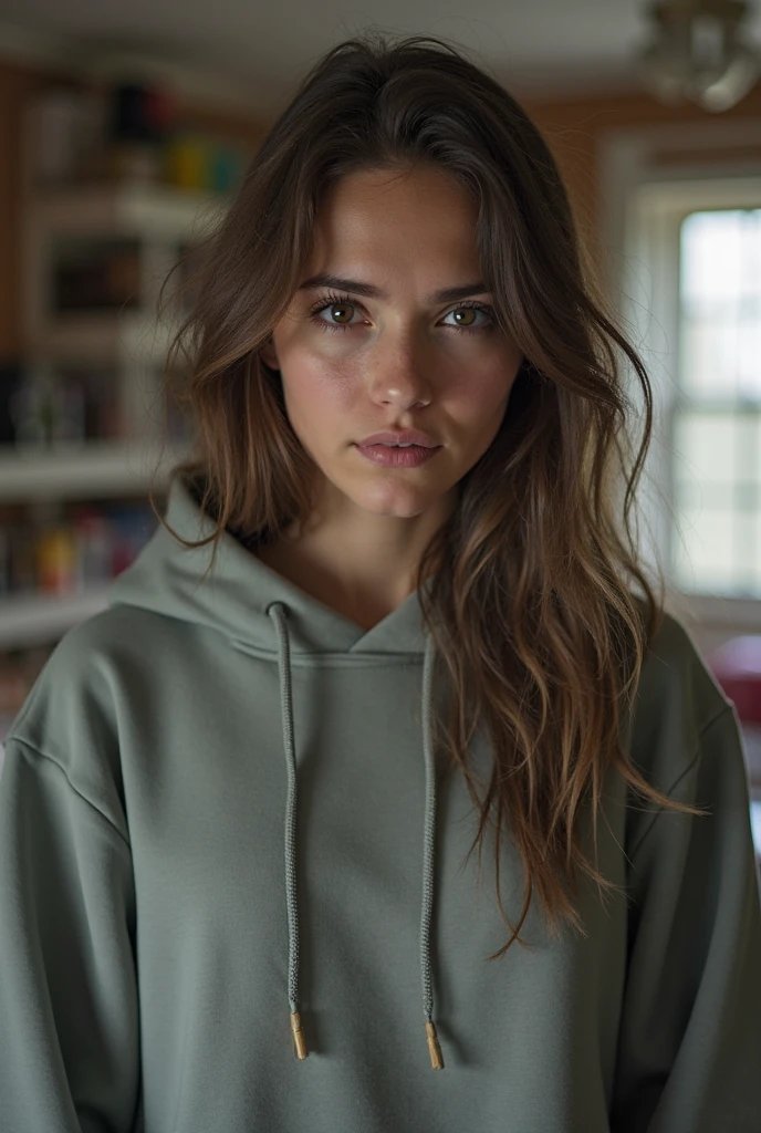 photo of beautiful (dakjohnson:0.99), a woman in a (bedroom:1.1), perfect hair, wearing (sweatshirt:1.2), modelshoot style, (extremely detailed CG unity 8k wallpaper), professional majestic (photography by nan goldin:1.1), (Canon EOS 5D Mark IV DSLR Camera), 24mm, exposure blend, hdr, faded, extremely intricate, High Detail, Sharp focus, dramatic, soft cinematic light, (looking at viewer), (detailed pupils), cute smile, 24mm, 4k textures, soft cinematic light, adobe lightroom, photolab, elegant, ((((cinematic look)))), soothing tones, insane details, hyperdetailed, low contrast