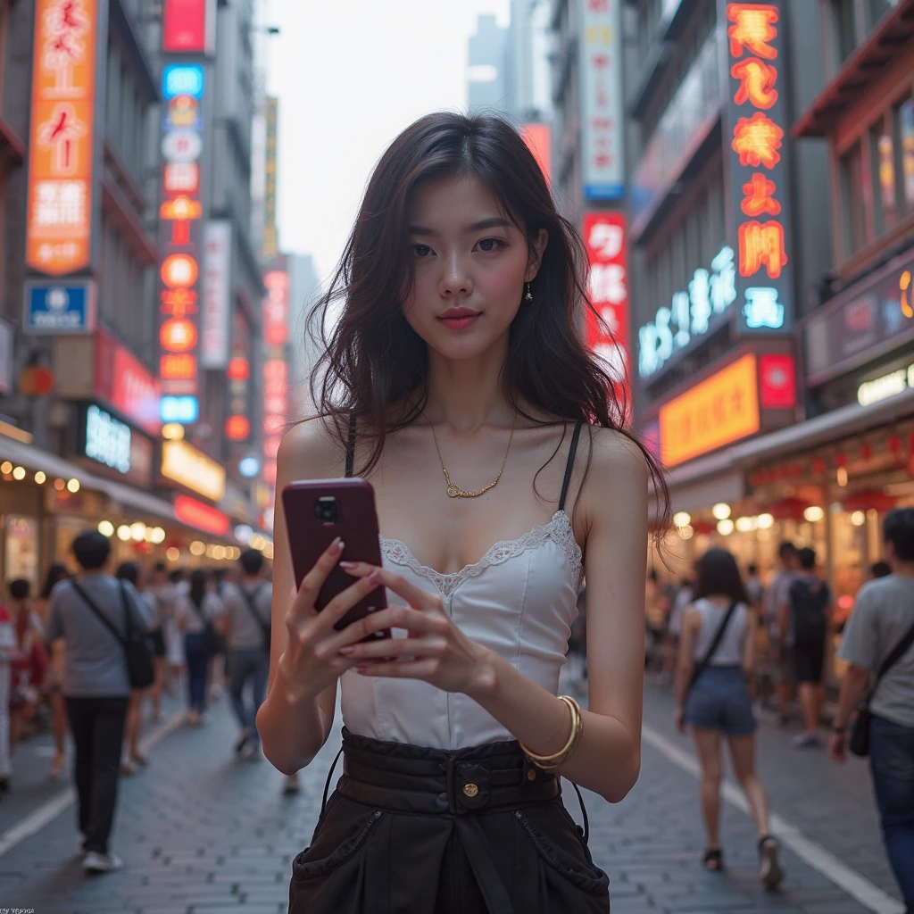Scene Overview: A beautiful young Thai woman with fair skin and an oval face, aged 20-25, D-cup big breasts,
wearing a cute shirt.
and holding a phone in hand
Visual Elements: Streets wet from rain, neon lights reflecting on the pavement
Lighting and Colors: Vibrant yet isolated, blues and purples dominate
Dynamics and Motion: The young woman holding a phone in hand on the road
Focus and Background: Focus on the young woman holding a phone in hand
 on the road, with city life blurred in the background
Emotion and Atmosphere: A profound sense of the young woman holding a phone in hand, amidst the vibrant city. Expressive and poignant scenes with a focus on the young woman and a hand phone, set against a backdrop of modern technology and urban spaces. The visuals should convey a deep sense of yearning and emotional struggle, with muted colors and dramatic lighting to enhance the mood.