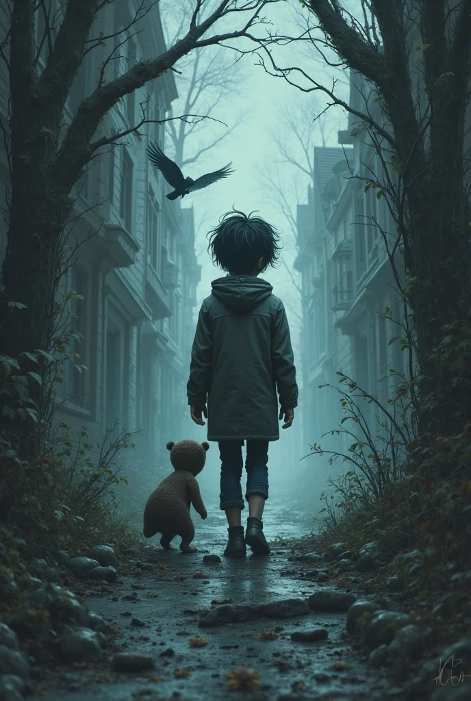 A small child, standing under a large tree in a punk outfit, black hair, inch, medium eyes, heart-shaped pupils, surrealism, chiaroscuro, cinematic lighting, chromatic aberration, figure graph, wide angle lens, UHD, masterpiece, best quality, high resolution --auto --s2