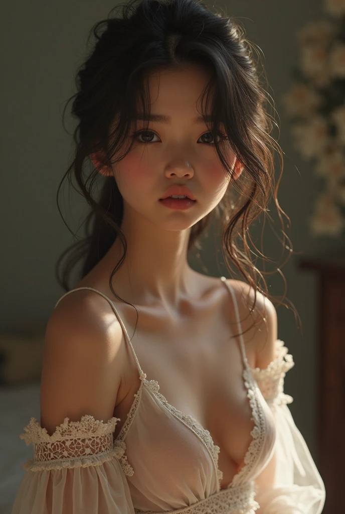 One person, (Beautiful breasts), (Upper Body), ((very transparent) dress), (erotic_dress), Indoor bedroom castle (Blur the background), (masterpiece), (Goddess Aphrodite), Young and pretty face, The Art of Mastery, Extremely high quality detailed faces:1.5, (8K HD Graphics, (Soft and cold light), Highest quality details Ultra high resolution:1.2. Dynamic Lighting, Art Station, winner'photograph, volume Metric lighting),