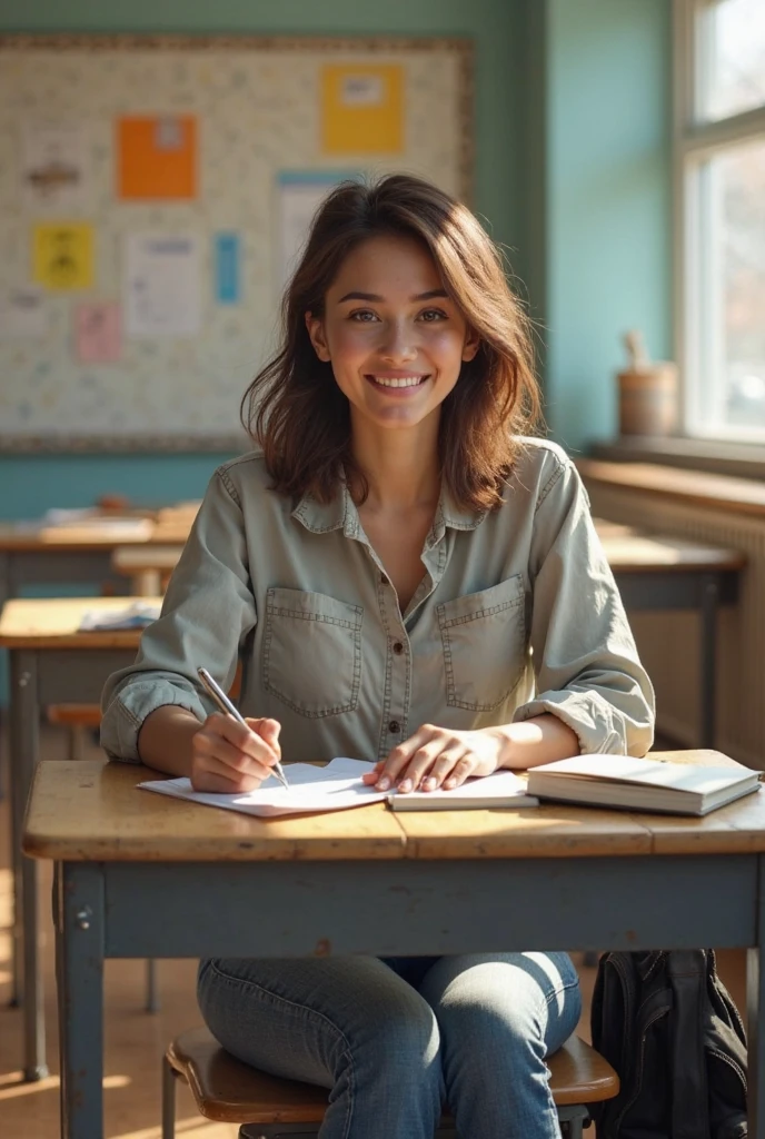 Photo of a 40-year-old woman whose figure stands out for her moderate curves that enhance her femininity in an elegant and natural way. Working as a teacher in a classroom. The teacher is ((sitting behind her desk)) (very detailed skin) her skin has a soft tan tone, she has a defined waist that is accentuated harmoniously giving way to full and shapely hips. Her bust is moderate, complementing her curvy figure in a balanced way. The teacher formally dressed in a white blouse and a black skirt. ((hair tied up completely in a bun)) forehead and ears uncovered. His expression is friendly and confident, conveying his commitment and passion for teaching. The background shows details of the room such as shelves with books, educational posters on the walls and a window that lets in natural light. , Canon, 85mm, f/2.8, wide angle, from below, close-up, social media composition, 4K, anatomically correct, high details, best quality, super detail.