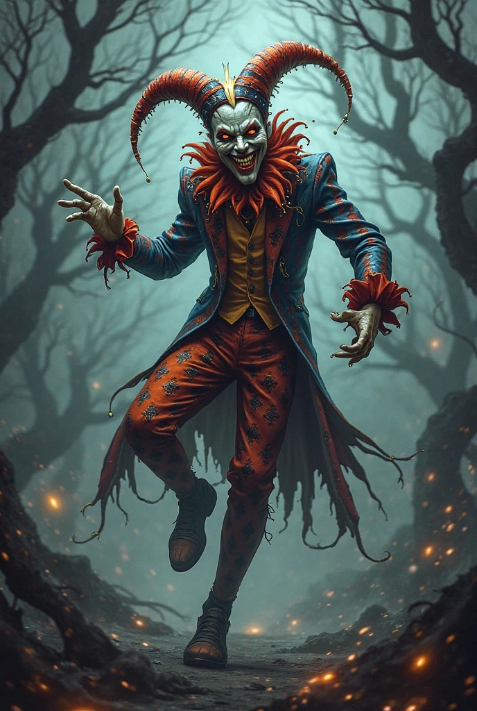 A creepy, decaying clown statue with a sinister grin, standing near the entrance, partially covered in vines.