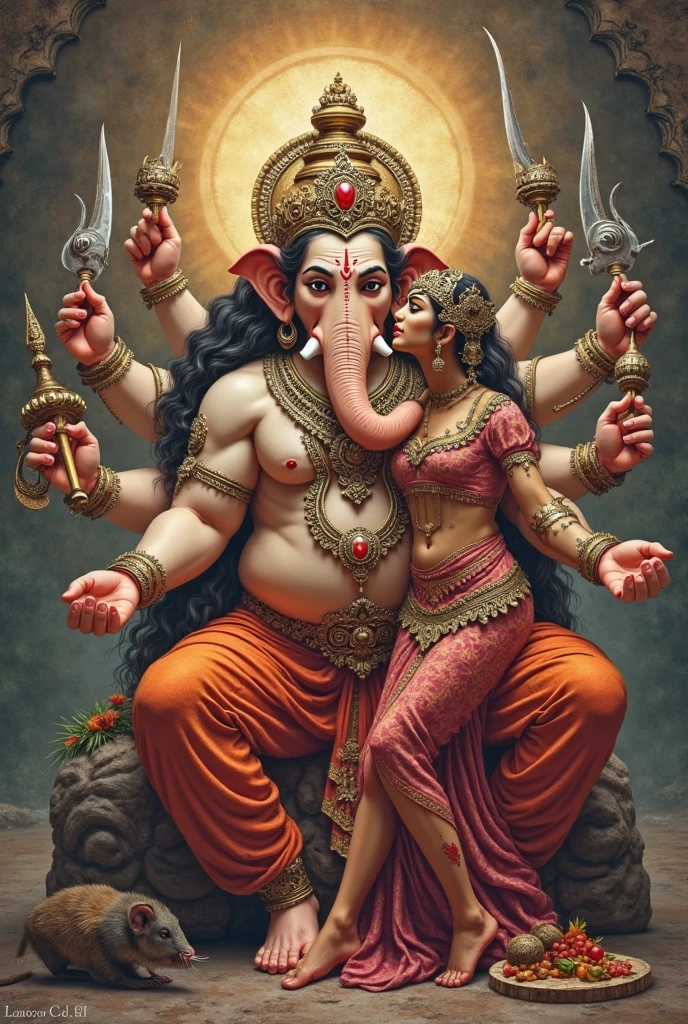 Highly detailed image, lord chubby ganesha elephant god, kissing front facing 2 goddess,one chubby and other thin,ten arms, weapons and modak in each hand, in trance,  from behind, squeezing ass, big ass,his  hard dick is coming out between her legs touching her covered vagina front facing goddess sexual bending forward parvati with her smile, tight saree, cleavage  
