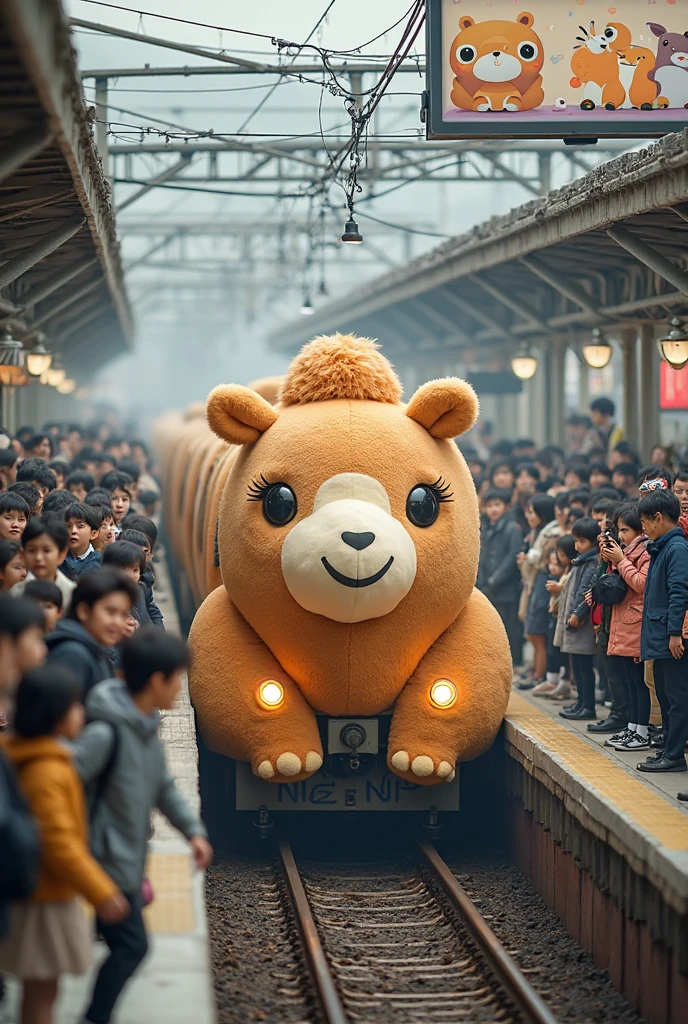 Full body 8K pictures, The little child wears a large oversized cute full head pink cartoon bear mask masquerade party，Wearing green, yellow and pink sportswear,potbelly, fat, In a post-apocalyptic rural South Korea, At a gas station out of service, There is fog, smog, eventide, toy tractor, toys, agricultural equipment,,