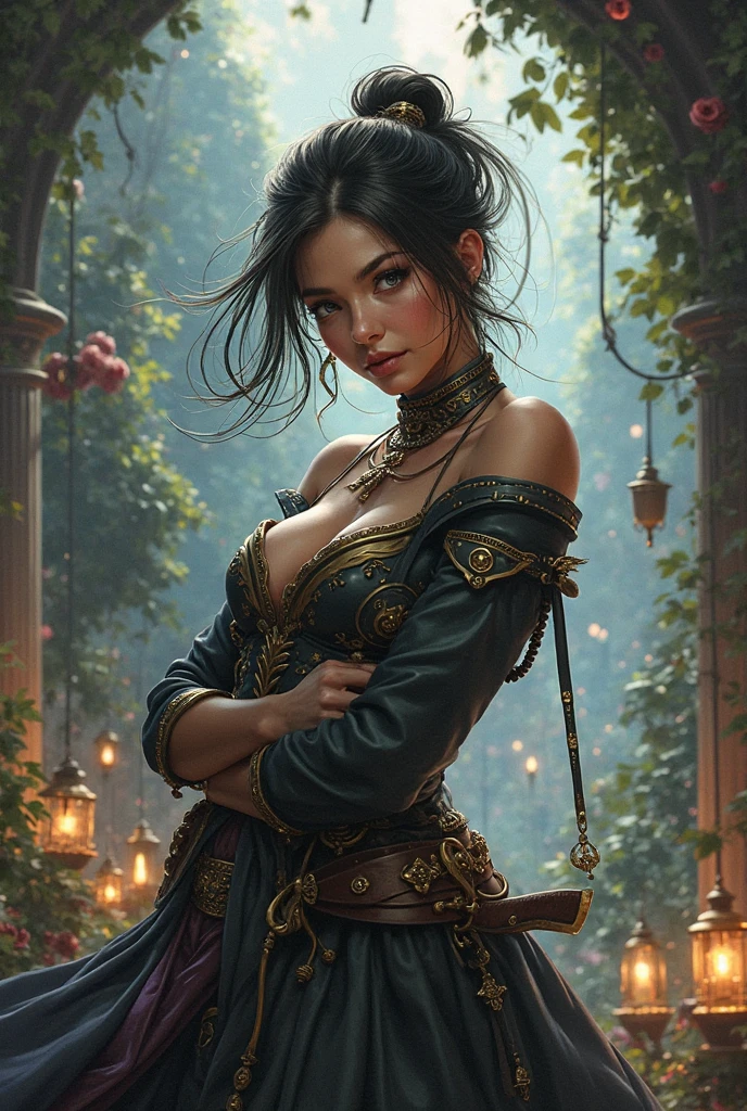 an elven maiden, wearing a tweed vest and patched trousers, athletic hourglass figure, busty bosom, pointy elf ears, amber eyes, dark hair, long messy curls, elven ears, warm almond skintone, freckles, elven ears, standing on a foggy Victorian-era street corner, concept art, graphite shading, stencil marks, airbrushed acrylic paint, masterpiece