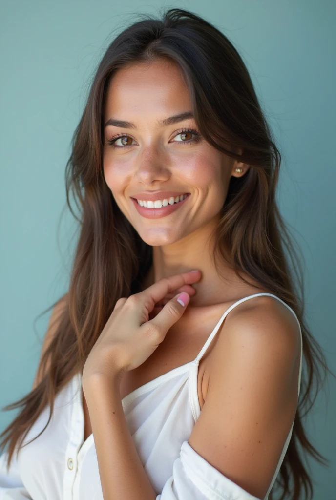 studio portrait of a beautiful woman laughing, white background, realistic photo, high-definition, fashion photo style, large view