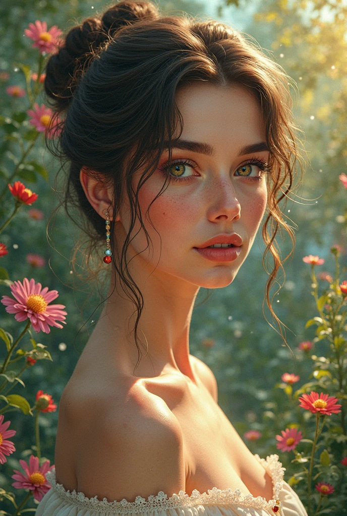 a beautiful woman in a serene garden, 1girl, detailed face, beautiful eyes, delicate lips, long eyelashes, elegant dress, lovely expression, sunlight, vibrant flowers, lush greenery, intricate details, photorealistic, cinematic lighting, muted colors, dramatic composition, breathtaking realism