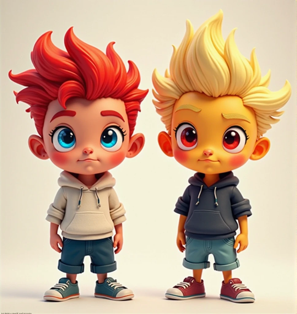 red-haired children BOYS WITH STRAIGHT HAIR, WITH TORCHES OF FIRE STRAW IN HAND, BLUE BACKGROUND. SLEEVELESS DENIM JACKET.