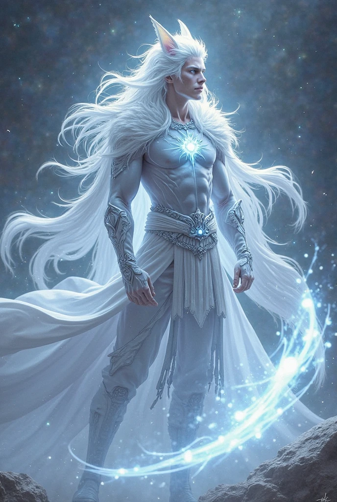 (imagme de corpo inteiro de homem mais bonito do mundo, com 20 anos de idade, pele branca), rosto inspirado no max steel, com cabelos brancos, divindade de cabelos brancos, corpo sarado, corpo musculoso, pernas grossas, olhos grandes e dourados, Deus masculino bonito da morte, com longos cabelos brancos, personagem de anime masculino, Sylas, cara de anime alto com olhos amarelos, com cabelos longos brancos, A, cara bonito na arte demon slayer, cabelos brancos, homem bonito anime; vestindo apenas uma cueca branca com o grande volume genital marcando. between the hands there is a sphere of light.