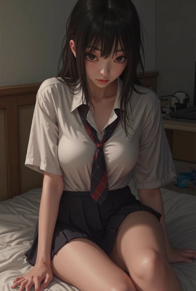 (masterpiece, Highest quality:1.2), Super Resolution, 8k, Complete human body, Perfect Anatomy, Bedroom, Cute S, One beautiful junior high school girl, Lustrous brown hair, Pigtails, Chibichara, too young girl, I want to caress you, Cute face, Skinny, Lift up your shirt, Not wearing a bra, Small breasts, (Small breasts:1.6), Immature breasts, The nipples and areola are pale pink., Flip up skirt, Panties are pulled down to the knees, She shows off her pussy and asshole, Boldly open your legs wide, I want your fingers in my pussy, Scrounge, please, I want you to touch my pussy, A facial expression of sexual pleasure, being made to behave in an embarrassing manner, She sees an erect penis for the first time, She feels horny, A lewd act only shown to you, Immoral poses, Immoral Eros, A thin layer of pussy juice is oozing out, Embodying the desire to tarnish purity, Falling into pleasure, She is lewd, School uniforms are messed up, Immature female body, Moist eyes, Tears, Dynamic Angle, 