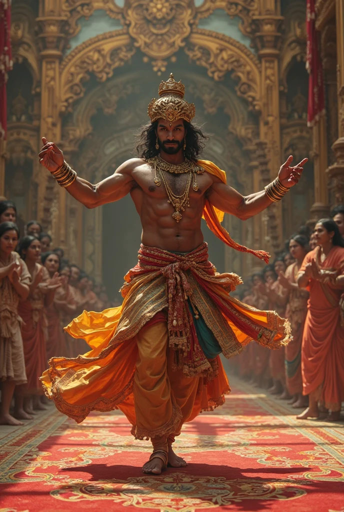creat scene hanuman is flying in air in the sky, Hanuman ji is holding a huge mountain,below standing king brarat throwing arrows on above hanuman ji , many clouds and sunlight background,many birds in the sky,during magic hour, hanuman natural extremely face details,hanuman skin is like monkey's skin, photomagic film shot in ૯0mm, depth of field, vivid colors, cinematic,62k, sony camera, fuzi camera, 500000900000 colours details.