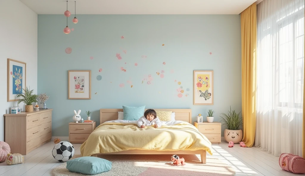 A room for a baby and a young girl with mint green and yellow colors