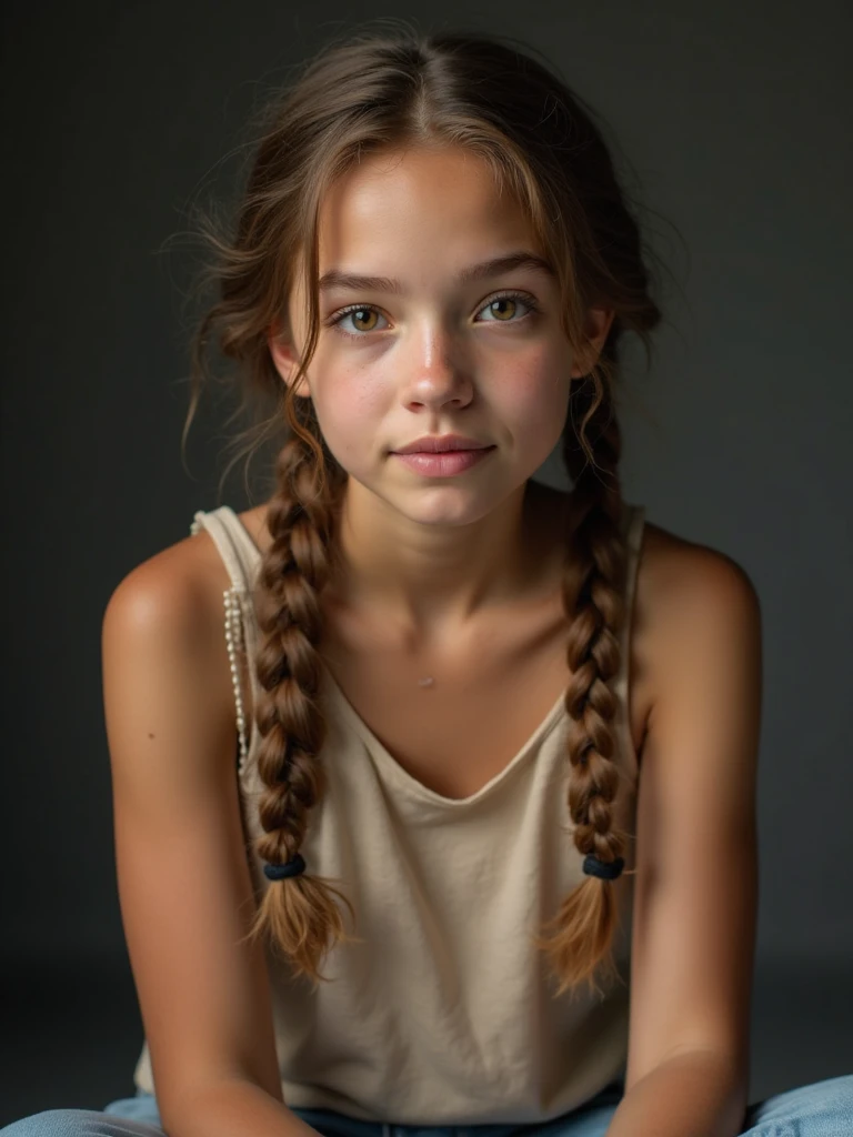 12-years old, A thin 1 girl with long blonde braids is performing ballet in a way that emphasizes her body lines., Without clothes, flat chest, Small breasts, Makeup is smudged, extra lessons, Perfect Lips, Braces, freckles, Big eyes,blue eyes, sweating, sweat profusely, Wet, Very detailed, Highest quality, Very detailed face, Perfect Lightning, Ballet Studio, background, Sexy, erotic, Individuality, 4K, masterpiece, naked
