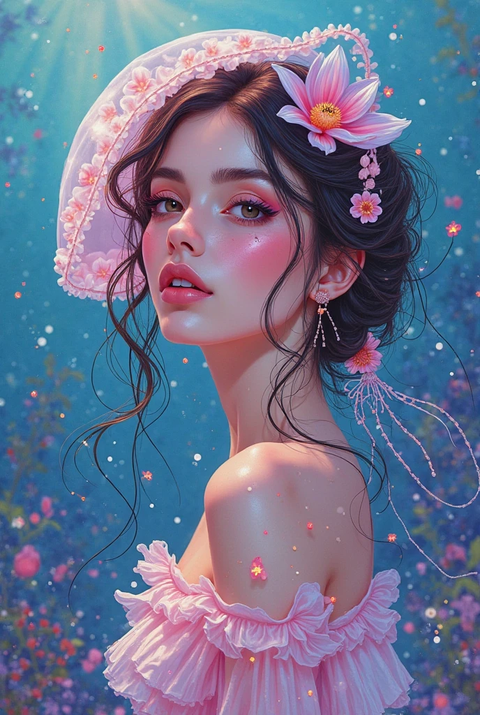 (highres, realistic:1.37), beautiful detailed eyes, beautiful detailed lips, longeyelashes, curvy figure, confident smile, elegant pose, vibrant colors, regency era, bokeh, oil painting style, soft lighting, romantic setting, blooming flowers, flowing dress, graceful movement, delicate features, alluring gaze