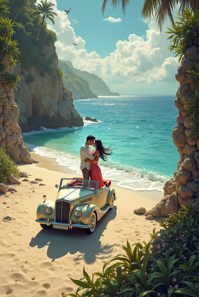 a prince and princess kissing in a white car parked on the sand in disney cartoon style