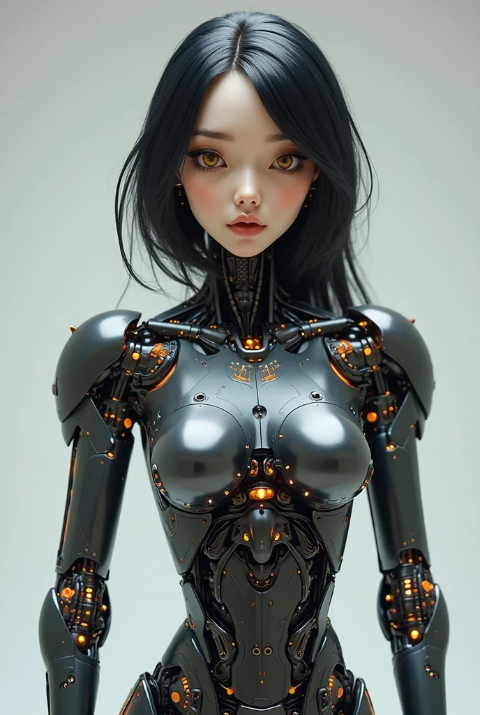 android girl, ((mechanical doll, articulated doll, silver parts)), (long hair, black and white hair, multicolored hair, streaked hair), (yellow eyes, glowing eyes, glowing pupils), (hourglass figure, thin waist), (clockwork), (emotionless face), (marionette)
