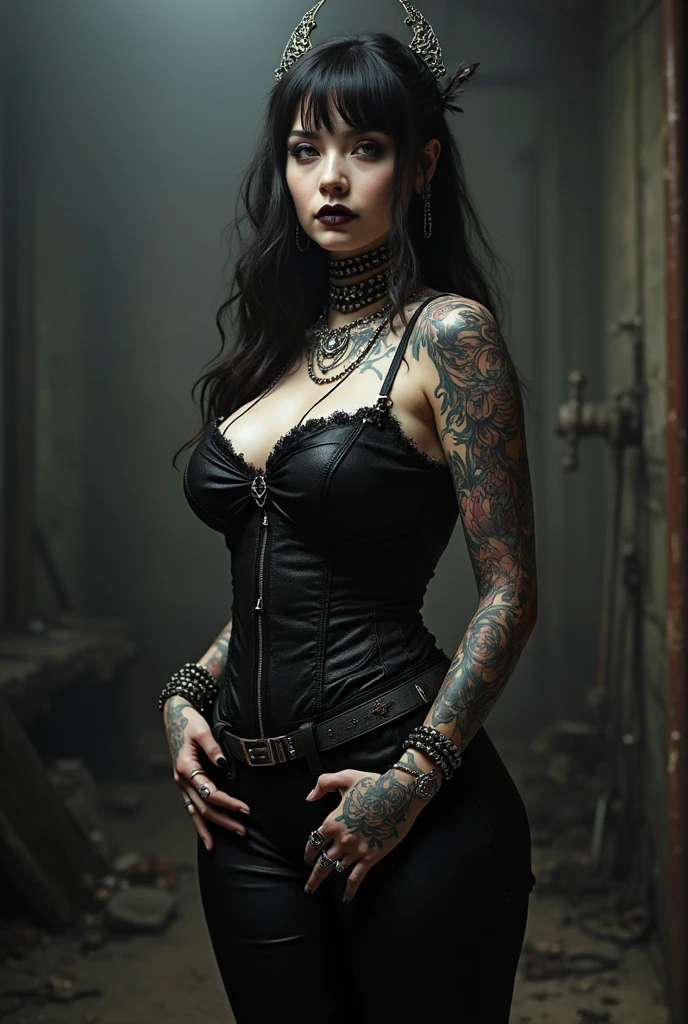 Cinematic film still, 1girl, new gothic gal, tattooed, 28yo, pale skin, innocent smile, ((lips pierced)), latex corset, ((detailed face)), (detailed skin), moist, intricate details, shallow depth of field, background creepy victorian age cemetery, [volumetric fog], cinematic lighting, reflections, photographed on a Canon EOS R5, 50mm lens, F/2.8, HDR, 8k resolution, full body, aged down, red hair, green eyes