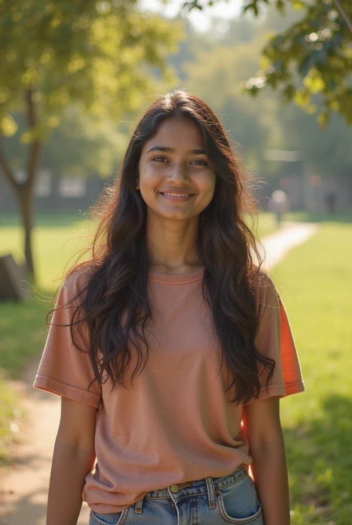 (detailed face, detailed eyes, indian face:1.1), (Realistic, best quality, 4k, HDR, Highly detailed:1.2), indian girl, 23 years old, beautiful, attractive, aesthetic, looking at viewer long flowing hair, wearing a light blue top ,hyper realistic, wide shot, girl is smiling, look like model, instragam infulancer