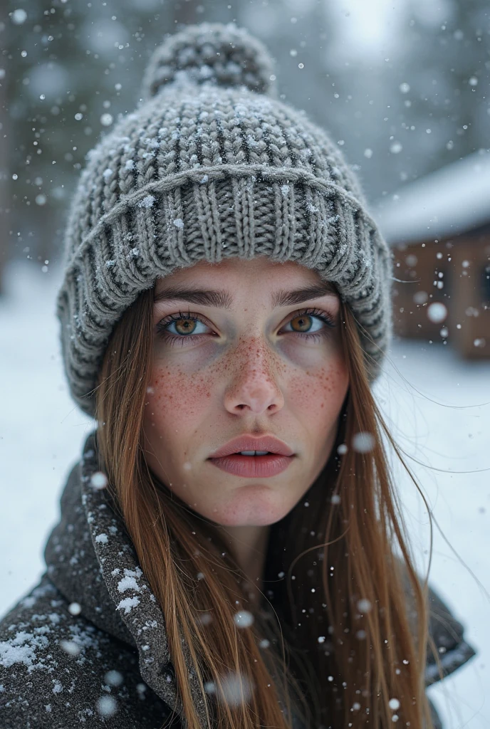 (indistinguishable from reality:1.4), Fimbulvetr, snowstorm, freezing, icicle, cold, windy, low visibility, at street level, wearing an ultra detailed texture winter coat, A beautiful 28 y.o (Quebecoise | Hapa:0.5 | Russian | Latvian | Hungarian | Ukrainian), (detailed facial features), freckles, (acne:0.6)