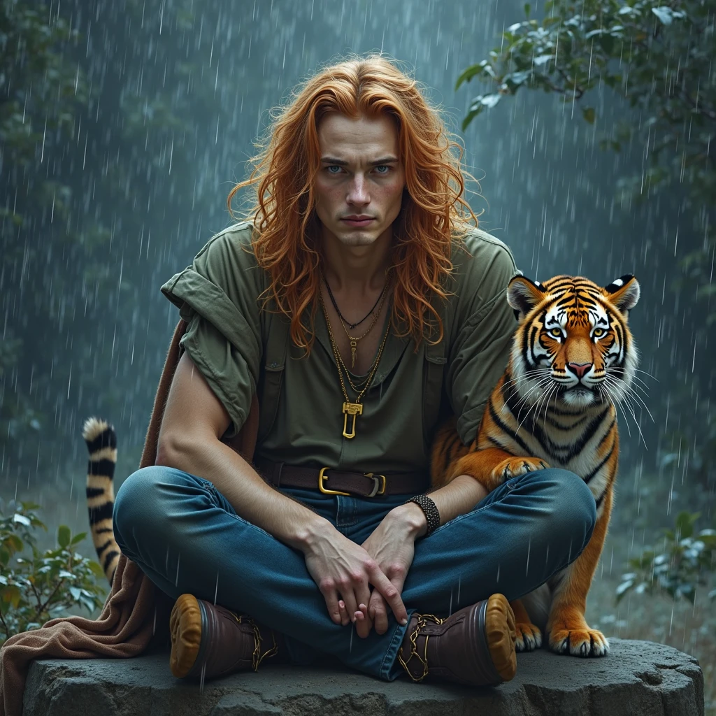 Very handsome guy Korean. He has yellow hair that reaches down to the ground and bangs that go to the side.. He is shirtless, in furry brown pants and shoes in the form of cloven hooves. He has a red heart pendant.. He squats in a thick dark thicket of fern leaves and shoots an arrow from his bow.. A kind jaguar next to him.