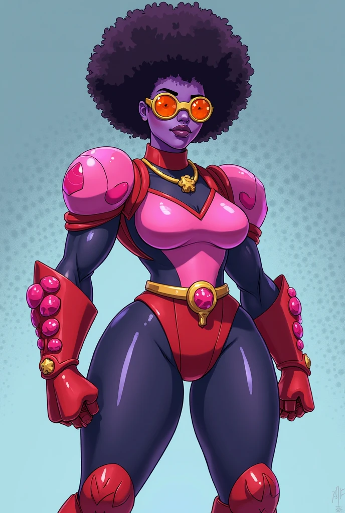 1woman, cleavage, in a spaceship, hands holding own hips, seductive smirk, big breasts, wide hips, big ass, storm from x-men costume, Garnet,black afro,navel,standing,upper body,retro shades, curvy,smile,standing, toned, big lips