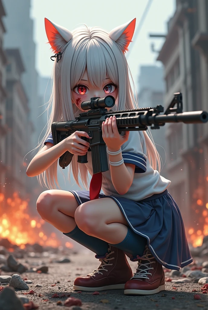 masterpiece, top quality, lens flare, depth of field, (close up: 1.3), (wide-angle lens, fisheye: 1.4), facial focus, 1 girl, covered with blood, blood stained, detailed face splash, detailed lips with blood stained, squat, short white hair, torn shirt, torn pleated skirt, (holding a weapon, holding a rifle, aiming, aiming:1.2), gun, h&k HK416, carbine, firing, shooting, sunny, blue sky, cloudy sky, city, street, road sign, skyscraper,