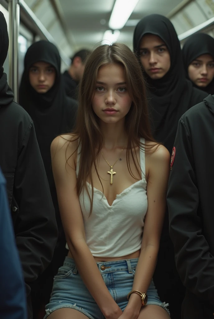 three very thin young nude teenager who looks anorexic gazing sadly into the camera lens. Moaning face. the girl's body is similar to that of a pubescent.with a crucifix around his neck. They are taking a shower.