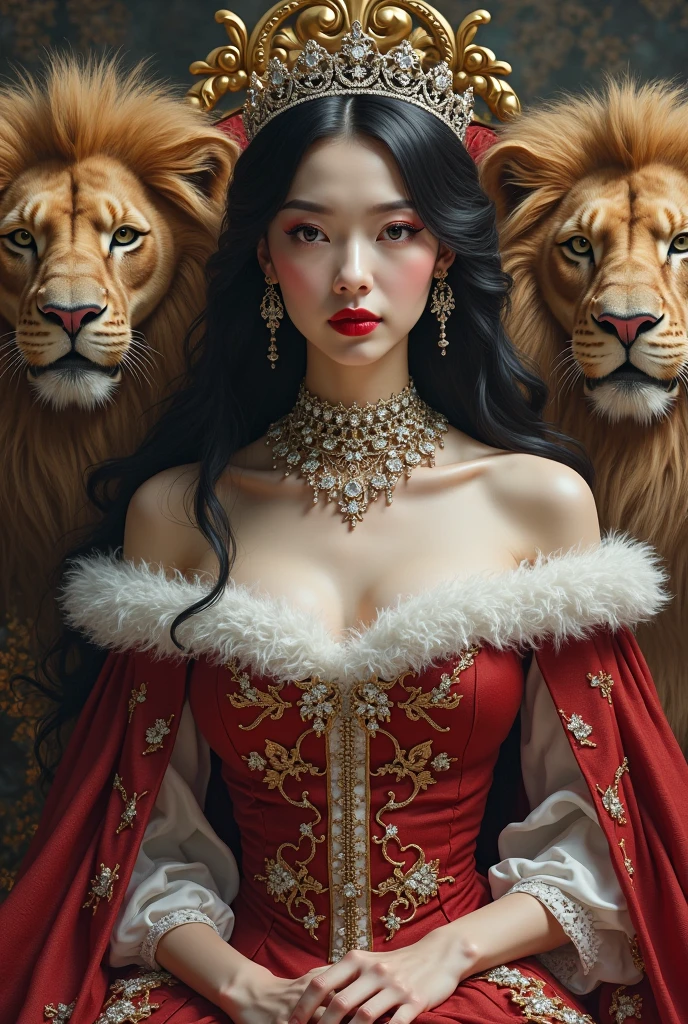 A twenty-year-old queen with a thin, oval and sexy face with a confident and arrogant look of a military genius , her hair is reddish brown and her eyes are black, wears a wide, completely black dress with red threads and rubies at the collar, with a wide neckline that displays a fraction of her breasts of several sizes. pregnancies added, and his crown is made of iron and huge rubies, and she also uses a bear fur cloak, with two heads holding steel chains that elegantly connect the parts