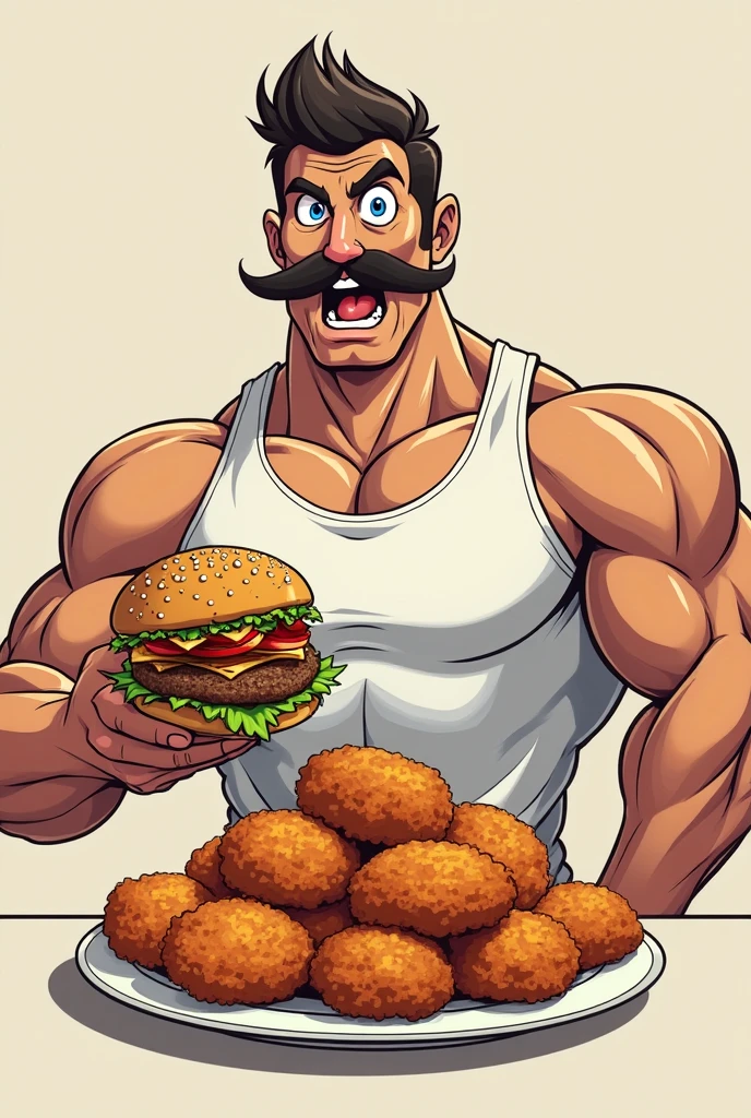 Generate a caricature a handsome muscular man, about to eat a burger on one hand, shirtless, white background,