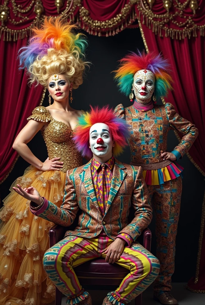 Cirque de clowns féminin des années 1990, artgerme, trois personnes âgées gothiques voluptueuses bbw obèses femelles clowns de cirque punk en bas résille et vêtements déchirés, par Oleg Turchin,Gustav Klimt, hyperdétaillé, aérographe, succulent profond multicolore,Résolution 16K, étouffant, Complexe, coloré,méticuleux, éthéré,rendu 3D,visage symétrique,sensuel, iridescent, lustré, fantaisie, guitares, provocant, Sexy, coquin, fouets et chaînes, menottes, esclavage, Sado-Sado, scènes de douche, toilettes, Écarter les jambes