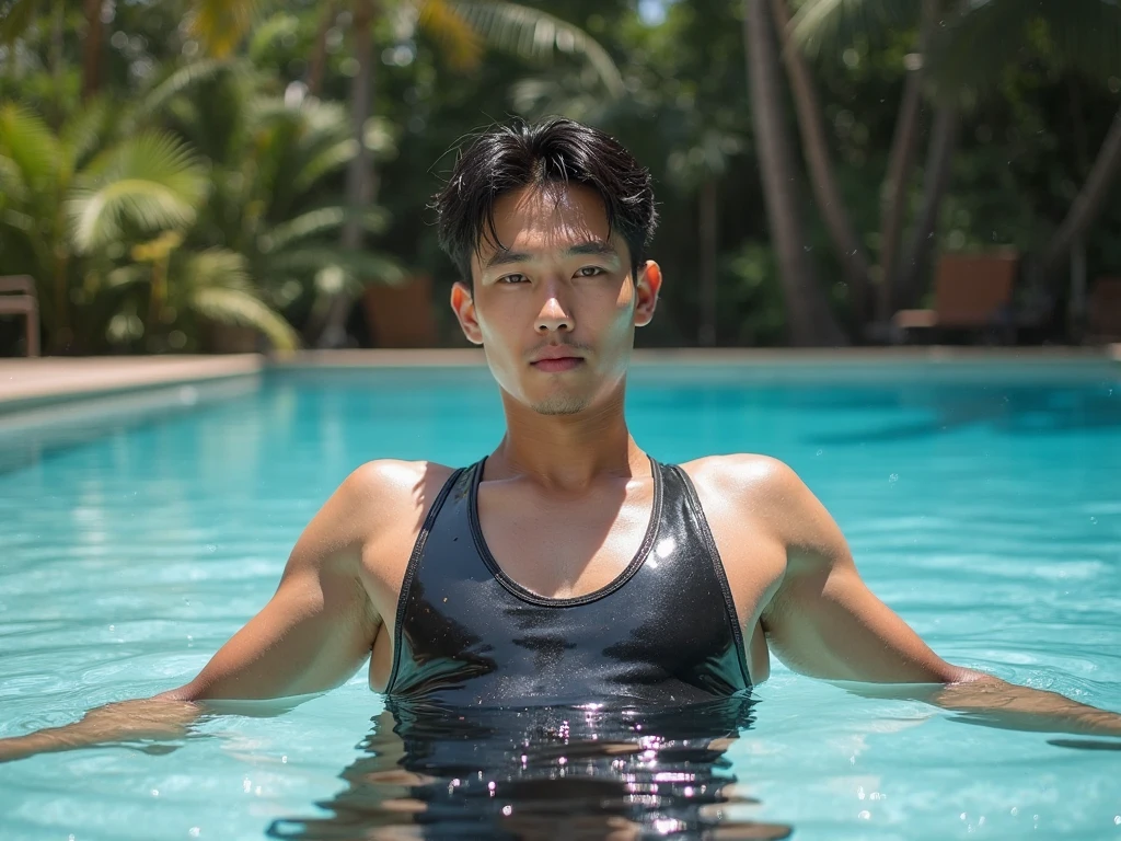 In the captivating image lies a Korean handsome guy, radiating charisma as he proudly showcases his slightly muscular build in a full-bodied stand-up pose. Wearing a sexy bikini that accentuates his physique, he stands amidst the outdoor environment, bathed in the golden light of a beautiful day. With an unrivaled attention to detail, this photorealistic portrait embodies the National Geographic style, capturing every nuance of his textured skin in 8k resolution. His features emerge in pristine clarity, from the deep-set eyes to the chiseled jawline, making this image a true masterpiece. The lif