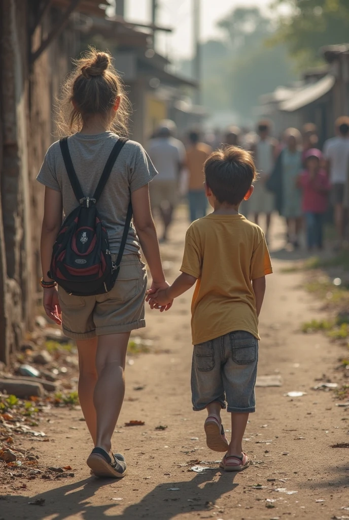 a strong girl with muscular arms, she is lifting and carrying a larger boy, detailed faces, dynamic poses, gritty urban setting, dramatic lighting, cinematic composition, strong contrast, realistic style, HDR, 8K
