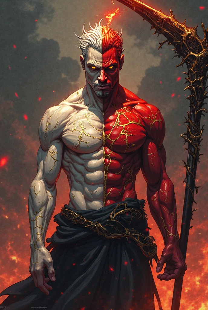 a young, muscular wizard with pale pink hair, with a malevolent face making a sign and around it there is a reddish environment and there are cuts along with a temple with 4 open mouths