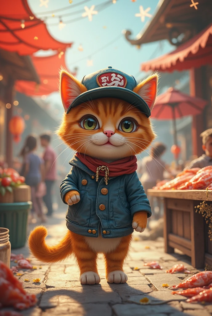 Trader cat with blue and yellow costume in beautiful room at night blue and red lights