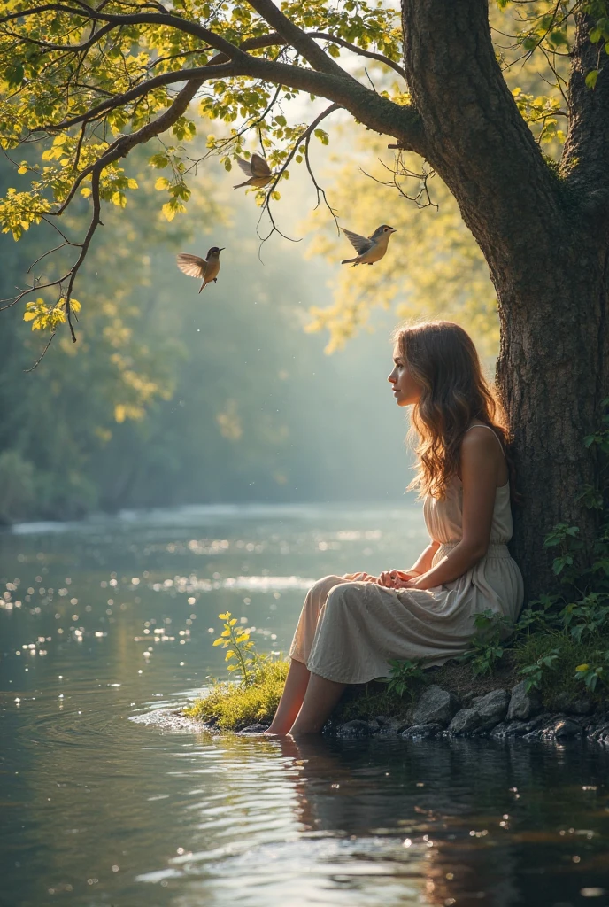 Create beautiful woman sitting in a beautiful place full of birds water birds 