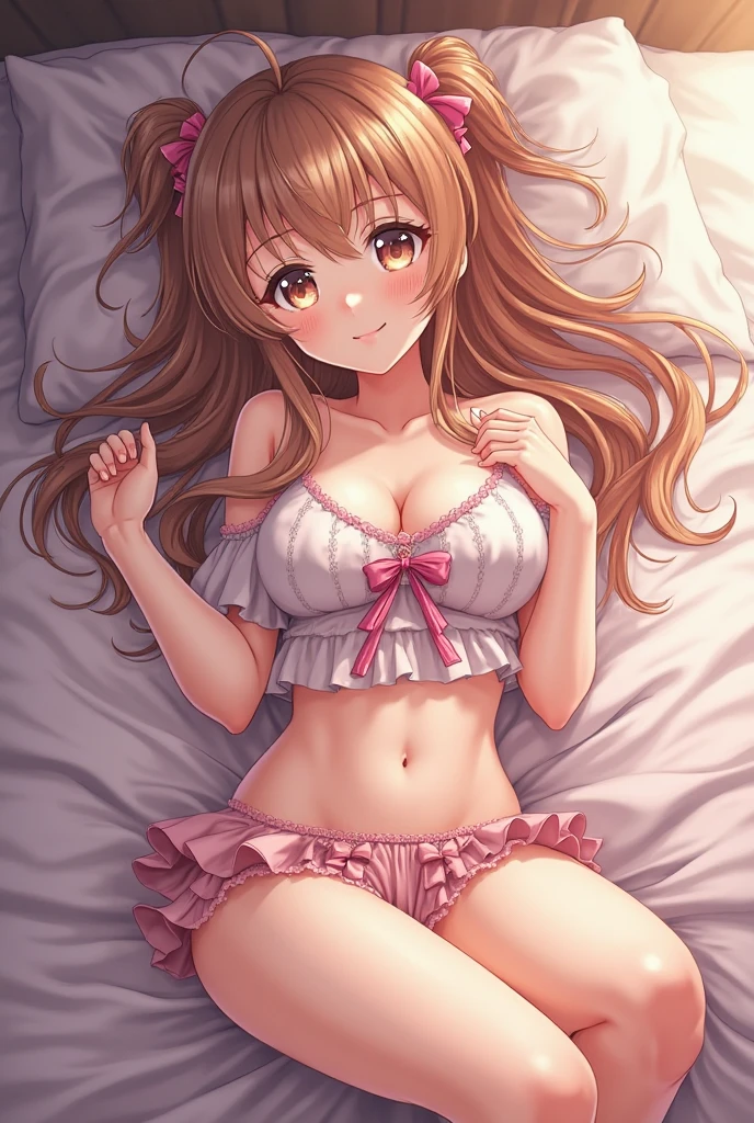masterpiece, beautiful illustrations, highest quality, pretty girl, 1girl, Bedroom, pastel colour, (two-separated lingerie), cute lingerie, reddish brown long hair, headband, bright lighting, presenting, looking at viewer, on bed, embarrassed