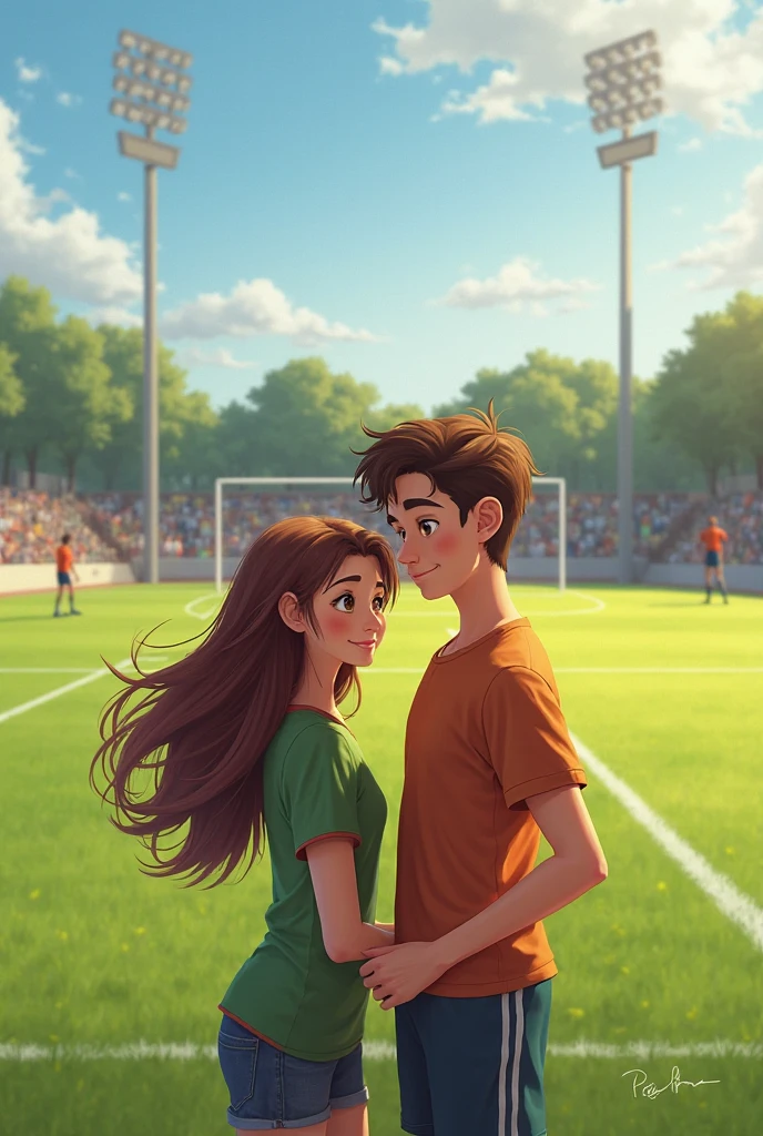 A girl with a boy who is up to the boy's chest and they are in love and the boy is a rugby player with the number 13 on his shirt and they are both on the field