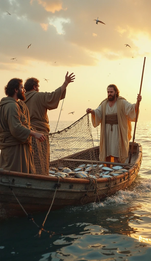 Jesus Christ Preaching and Calling His Disciples to Fish Men According to Biblical Illustration, maximum quality, Realismo, maximo de detalhes nos rostos, pele perfeita, imagem de fundo do mar e do sol, de jesus e seus discipulos em sua pescaria e jesus pregando para eles, Follow Him and become fishers of men according to the Bible, maximo de qualidade e detalhes realistas em toda imagem