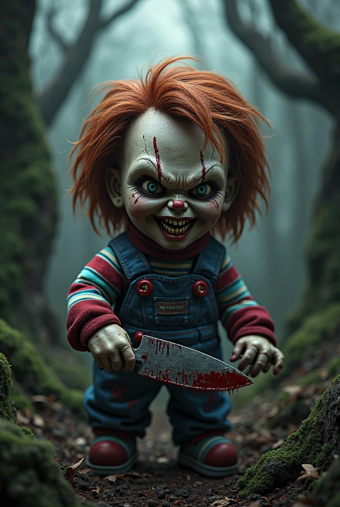 a close up of a child holding a knife and a pumpkin, digitl art by Jason Edmiston, zbrush central contest winner, digitl art, Chucky style, Chucky, detailed 4k horor artwork, horor fantasy art, horor movie characters, bride of Chucky, digital horor artwork, fantasy horor art, horor art, horor!! highy detailed, horor artwork