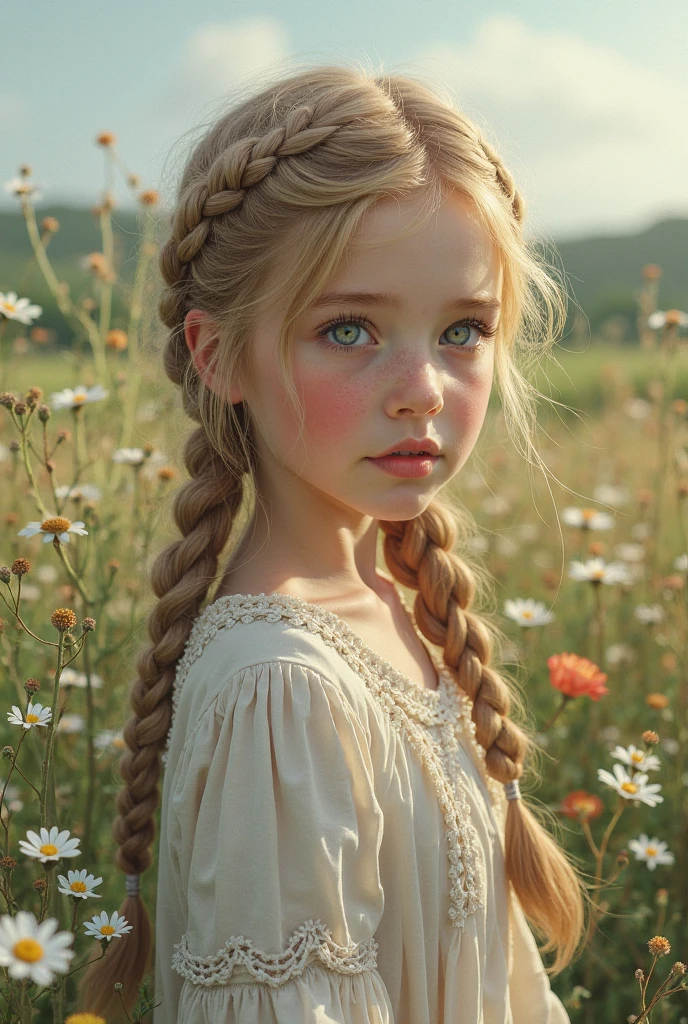draw a young rich girl from Russia of the 15th century in a sundress with a braid
Slavs, village, simple girl, ethnic motifs, blonde, long braid