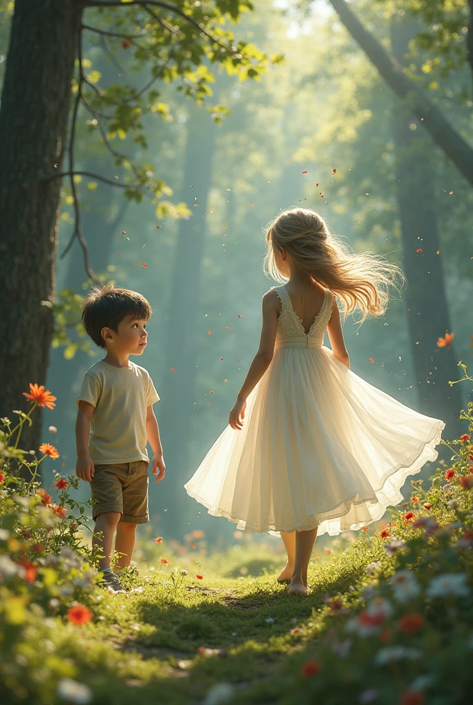(Best Quality,4k,8k,high resolution,Masterpiece:1.2),ultra detailed,(realist,photorealist,photo-realist:1.37),1 girl,2 children,Beautiful detailed eyes,beautiful detailed lips,extremely detailed eyes and face,long eyelashes,light brown hair blowing in the wind,two boys walking away,girl standing alone in the middle,green garden with vibrant flowers and tall trees,soft sunlight filtering through the leaves,calm and serene environment,children wearing casual clothes,arms swinging playfully,bare feet touching the grass,faint sound of laughter in the air,whisper of the passing wind,subtle hints of autumn colors on the leaves,faint aroma of blooming flowers,bright dew drops on the petals,Soft petals that fall gently to the ground.,moments frozen in time,Emotional connection represented through body language.,faint distant sounds of birds singing in the distance