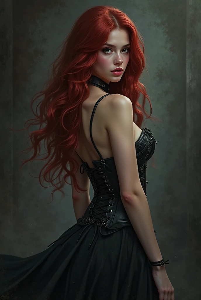 ((best qualityer)), ((work of art)), (detailded), 1 girl, strap dress, long red hair, dark shaped eyes,
