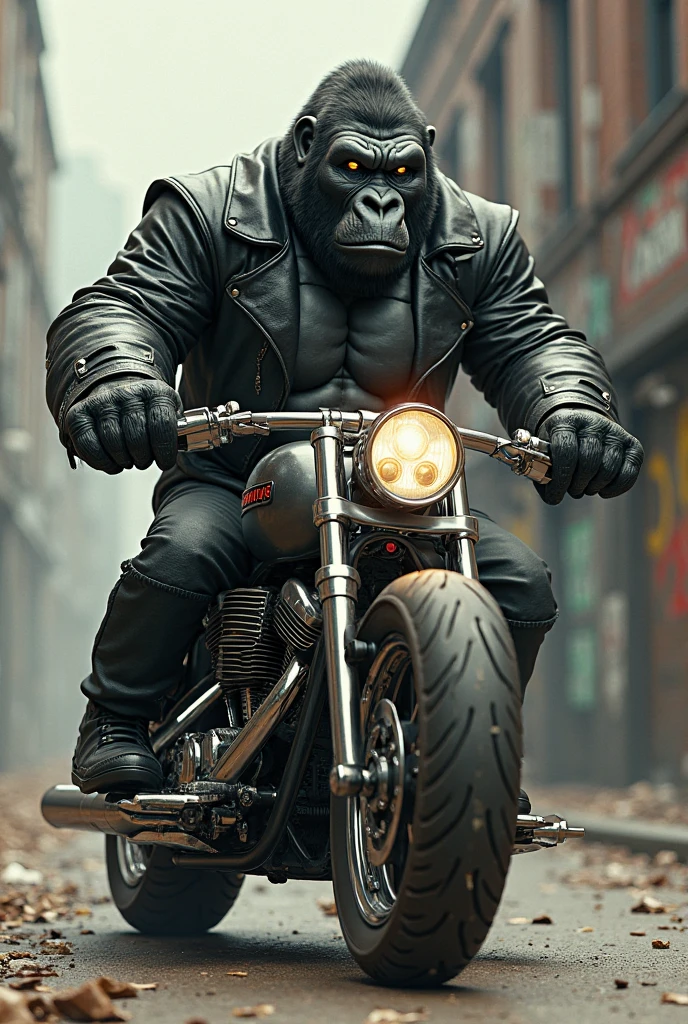 Masterpiece, (Super Detailed), (Animal Anthropomorphism), Gangster Theme, Chimpanzee, Jacket, Dim Light Motorcycle Riding, Tattoos, Machine Gun, Smoke, Shadows, Destroyed Cityscape, Highest Quality, Solo Focus, (lean: 1.04), muscular man, full body, intricate., Lee Jeffries Nikon d850 film stock photography 4 camera kodak portra 400 f1.6 lens rich colors hyper realistic realistic texture dramatic lighting unreal engine trends on artstation cinestill 800 (vignette: 1.3), Filmgrain