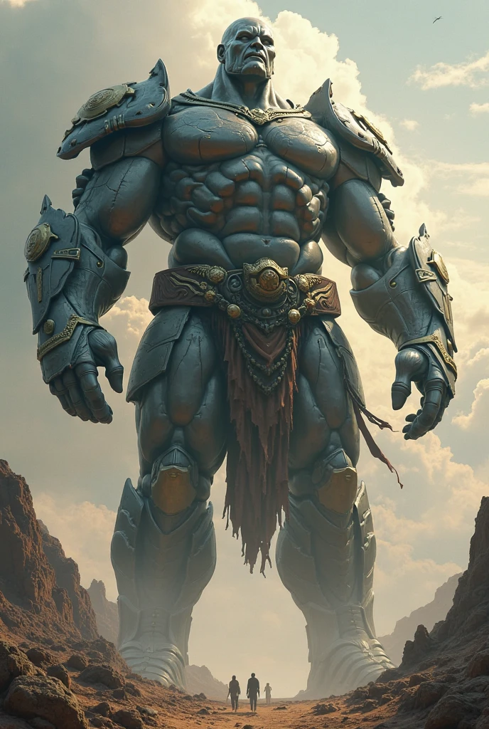 "A dramatic scene featuring Titan with a human face and a body made of rugged, rocky armor. The Titan is causing a massive earthquake, with the ground visibly shaking and cracking. Large boulders and chunks of earth are lifting off the ground, creating a chaotic and turbulent atmosphere. The Titan's powerful stance emphasizes the immense force being exerted, with his muscular form made of jagged rocks and crags. The sky is filled with dust and debris, adding to the sense of upheaval. The overall scene captures the raw power and elemental force of the Titan, with a focus on the impact of the earth-shaking energy and the dynamic movement of the floating rocks."