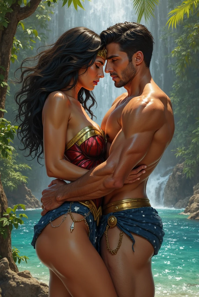 A handsome couple, standing naked on a river bank, woman, Lucy Pinder, completely naked,large breasts visible, trees in background, man, handsome, robust, shirt less, wearing a white dhoti, full body view, head to toe, long black hair , front view, daylight, realistic, shade lights, high resolution, by Louis Royo, by Boris Vallejo, by Frank Frazetta