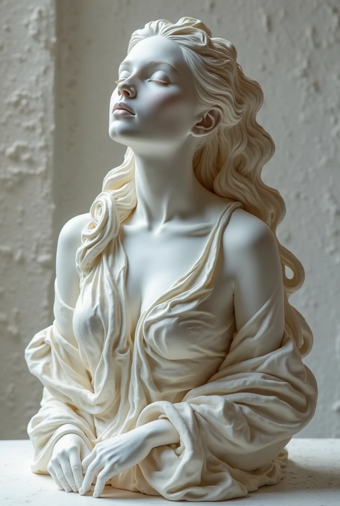 masterpiece, best quality, extremely detailed, hyperrealistic, photorealistic, a pretty girl, ultra detailed face, sculpture, greek statue, white marble, ancient hairstyles, white background, serene atmosphere, graceful and expressive facial features, elegant and peaceful expressions, realistic shadows