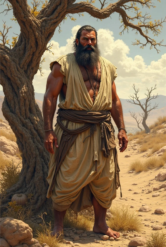 An old wise man, bare chested, tying a white wrapper across his left shoulder but it covers his bare chest, holding a long walking stick, wearing a black cap, the fabric worn appears he's a wealthy man, he wears a sandals.